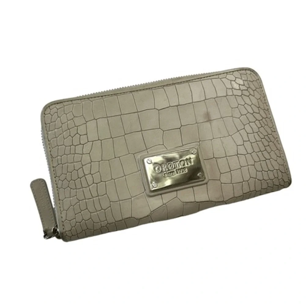 Oroton Embossed Leather Zip Wallet in Ivory Croc